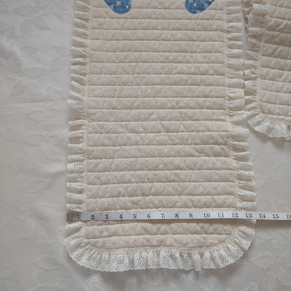 2 Quilted Lace Ruffled Trim Table Runner with Blue and Pink Hearts - Picture 4 of 8